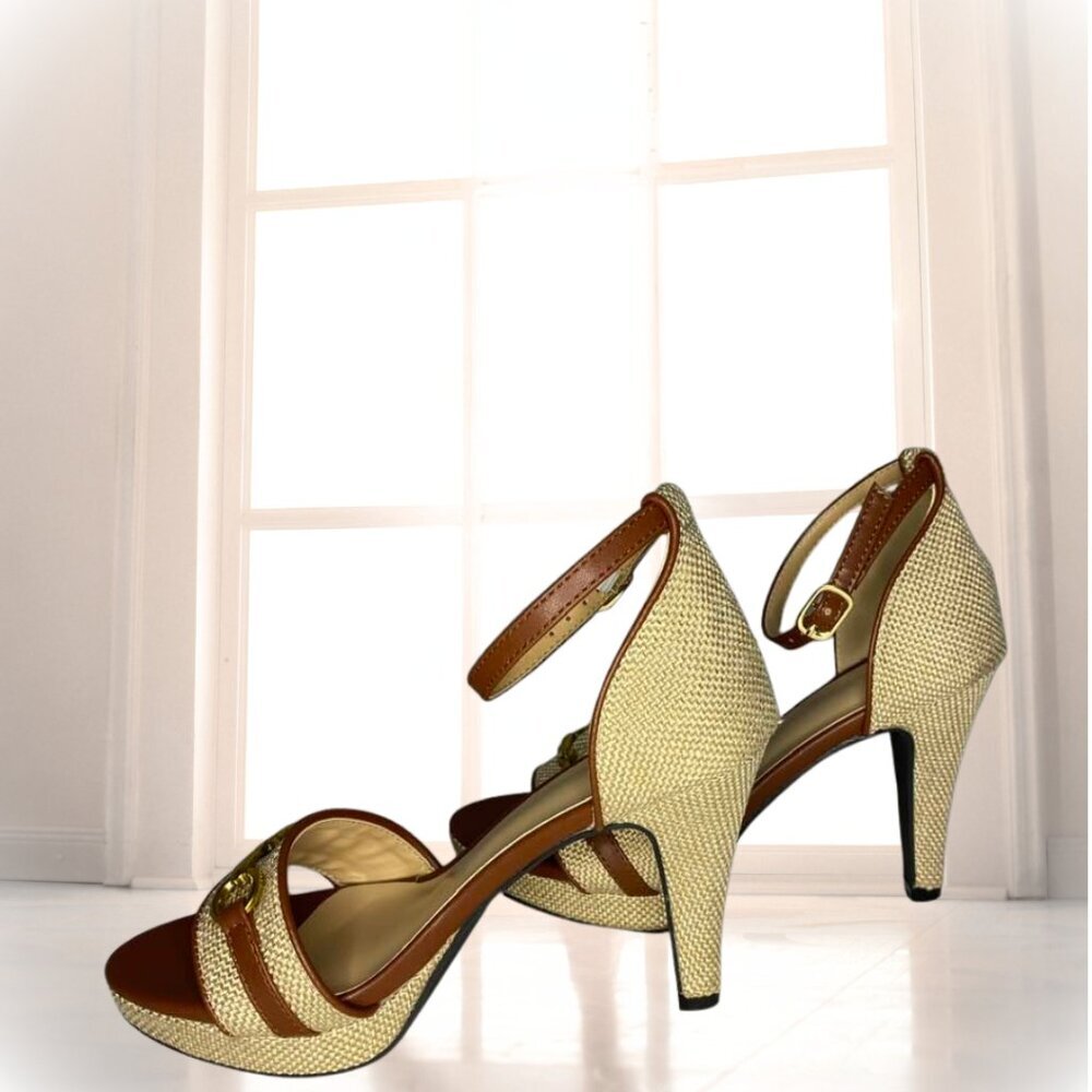 Chic Woven Beige & Brown Faux Leather Sandals with Gold Chain Accent - Size 7.5 - Picture 9 of 15